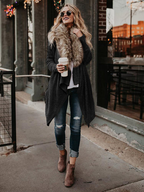 Fur collar cardigan plush trench coat - ROUTINE FASHION